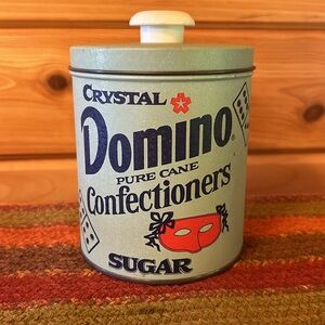 Vintage Crystal Domino Sugar Blue Round Metal Collector Tin Canister